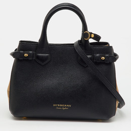 Burberry Black/Beige Leather and House Check Fabric Small Banner Tote 1216795