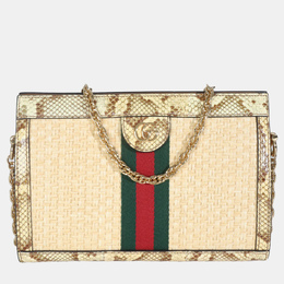 Gucci Cream Brown Raffia Elaphe GG Small Ophidia Chain Shoulder Bag 1219093