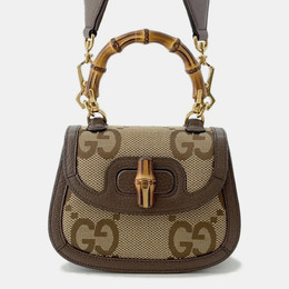 Gucci Bamboo 1947 Jumbo Gg Top Handle Bag Beige/Brown Canvas Leather Size Mini 1220064