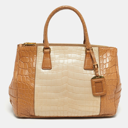 Prada Brown/Light Beige Crocodile Medium Double Zip Tote 1219885