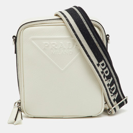 Prada White Leather Logo Embossed Vertical Shape Shoulder Bag 1220136