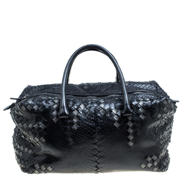 Bottega Veneta Black Python and Leather Intrecciato Detail Brick Bag 164230