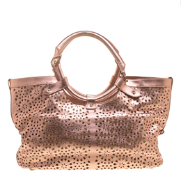 Jimmy Choo Metallic Rose Gold Leather Laser Cut Out Open Tote 141275