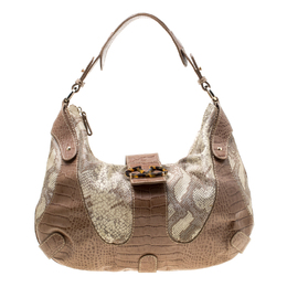 Valentino Beige Croc Embossed Leather and Python Print Canvas Hobo 176900