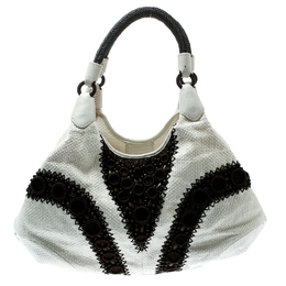 Cole Haan White/Brown Woven Leather Beaded Hobo 180889