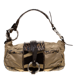 Gianfranco Ferre Beige/Brown Nylon/Python and Calfhair Satchel 194906