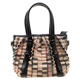 Burberry Black/Beige Nova Check PVC and Patent Leather Cartridge Pleat Tote 206425