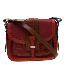 Michael Kors Red/Tan Croc/Ostrich Embossed Leather Gia Saddle Bag 208409
