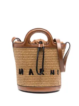 Marni logo-embroidered raffia bucket bag 17794398