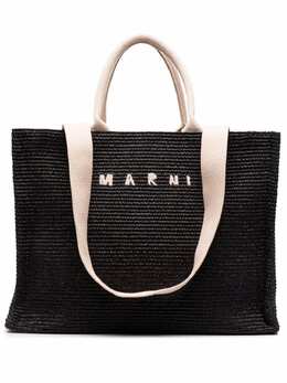 Marni logo-embroidered raffia tote bag 18072951